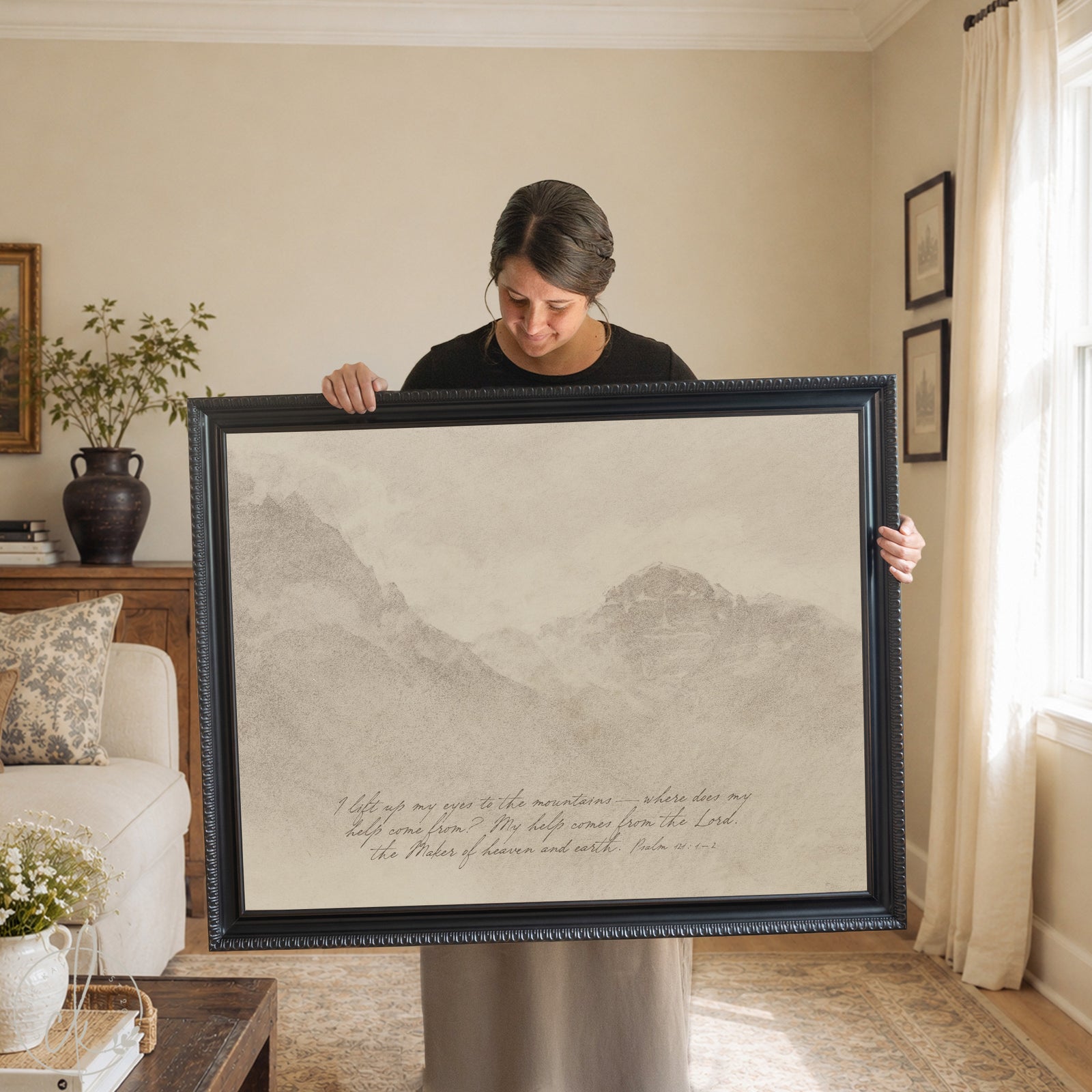 Framed mountain landscape with Psalm 121:1–2 verse — scripture wall decor for home.