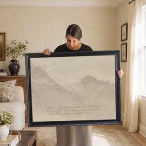 Framed mountain landscape with Psalm 121:1–2 verse — scripture wall decor for home.