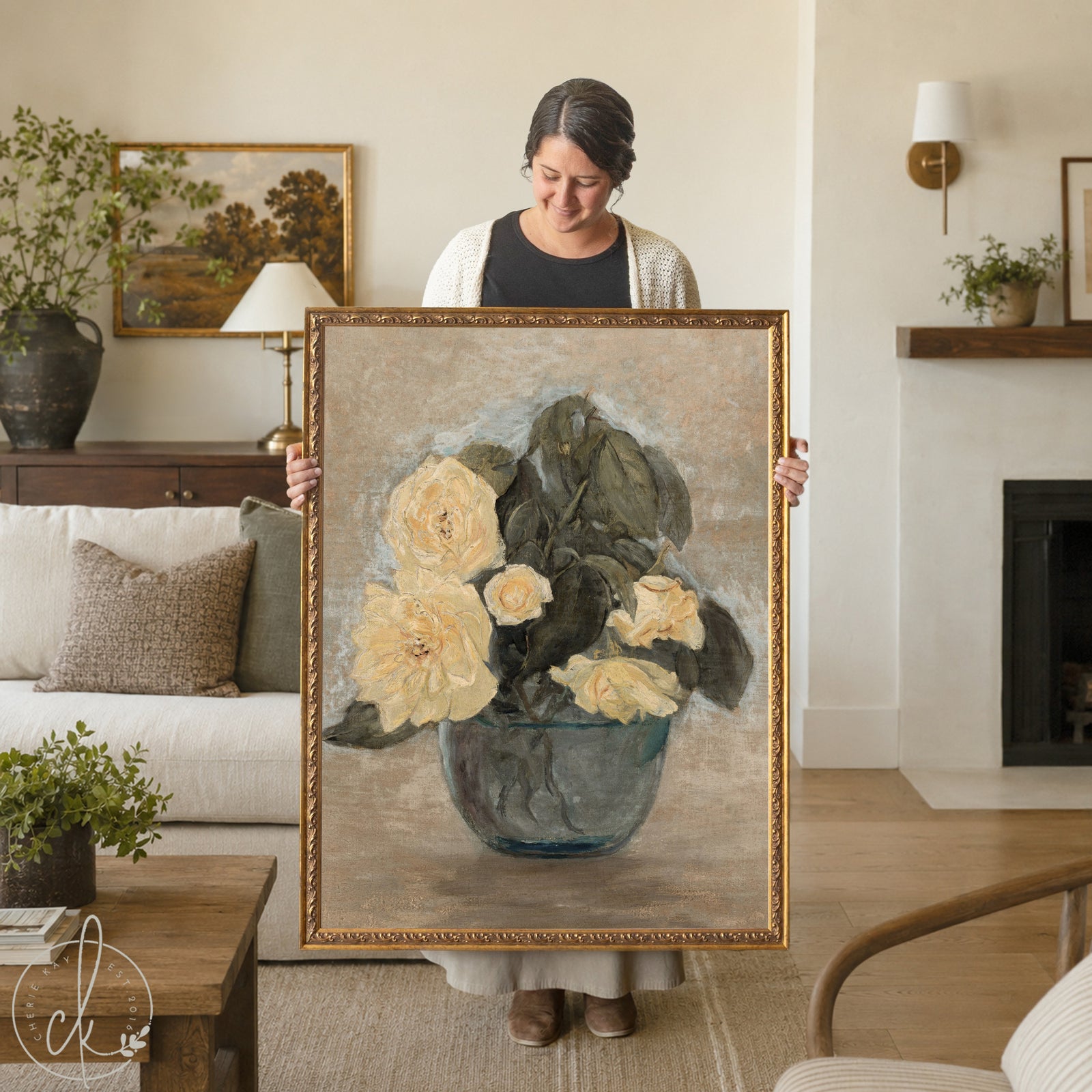 Framed antique rose art, a vintage flower painting with yellow roses in a classic still life style.