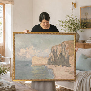 Monet beach painting Etretat cliff and ocean in ornate gold frame