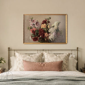 Vintage Floral Print | Hollyhock Still Life Flowers | Ornate Gold Framed Wall Art | N251