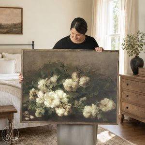 White flower painting in natural wood frame, vintage floral wall art for neutral home decor