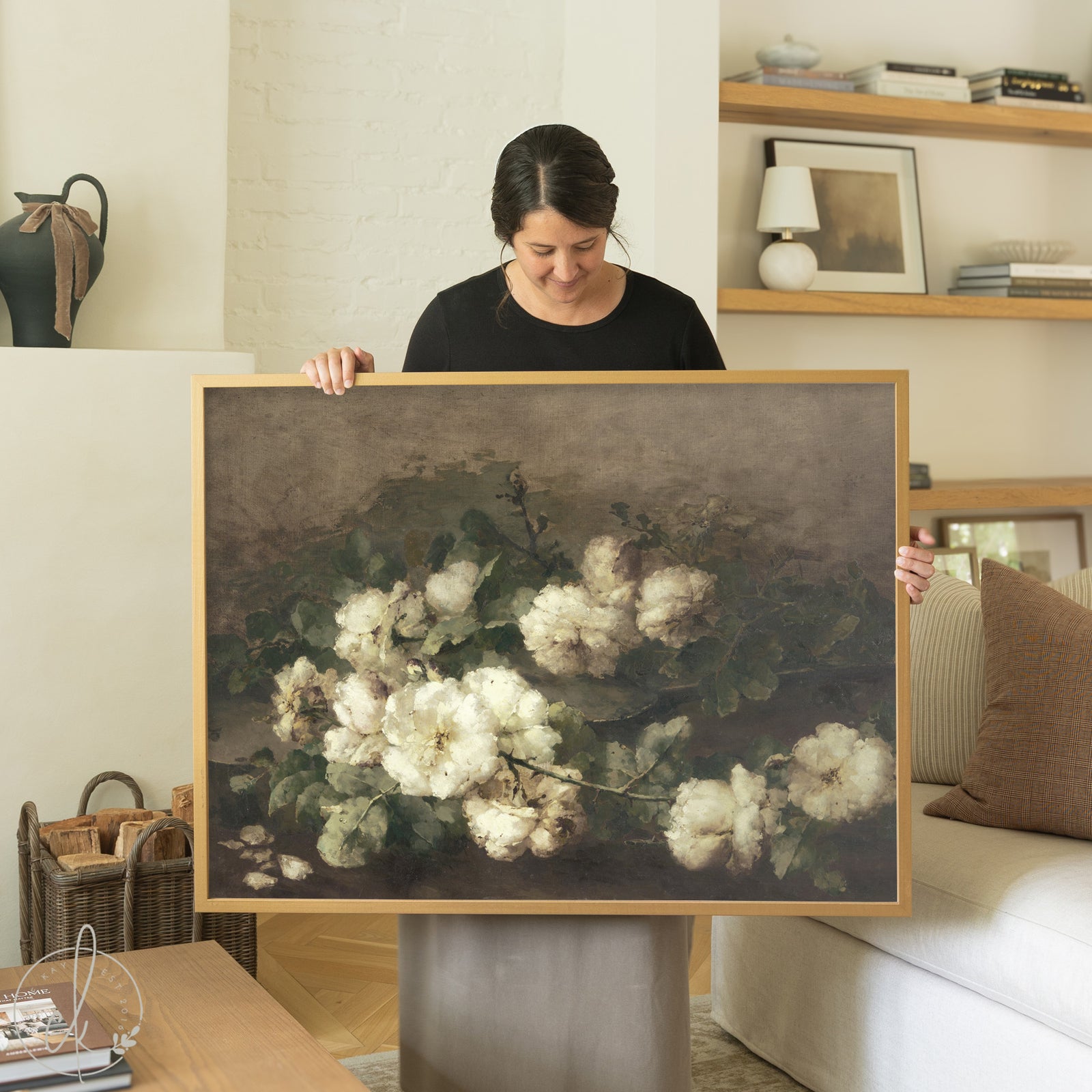 White flower painting in natural wood frame, vintage floral wall art for neutral home decor