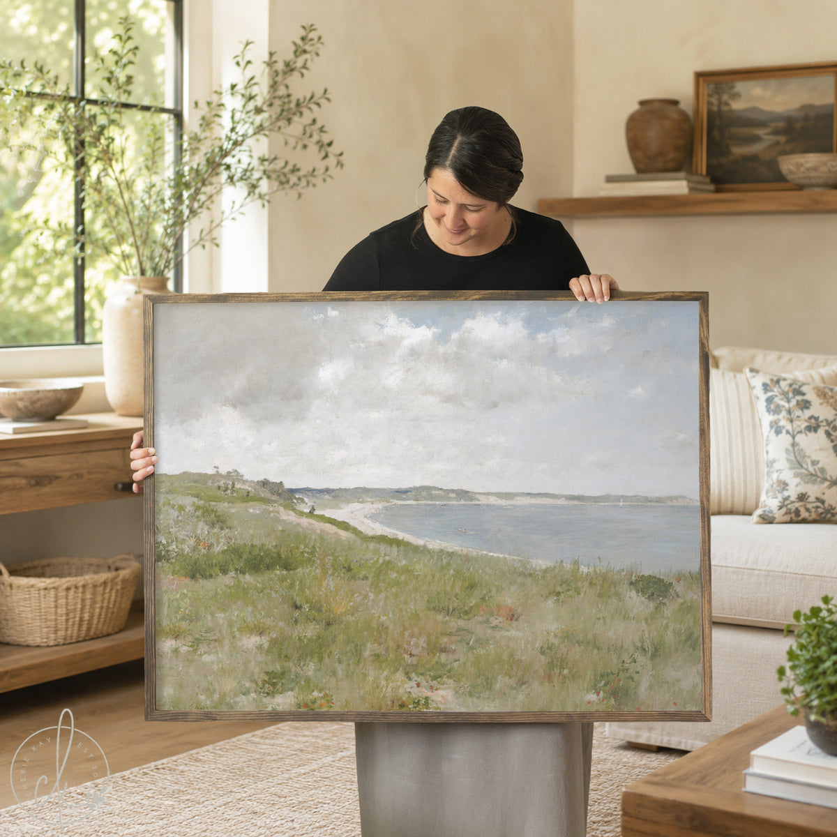 Framed coastal art canvas print in gold wood frame showing an American Impressionist beach landscape with dunes and bay
