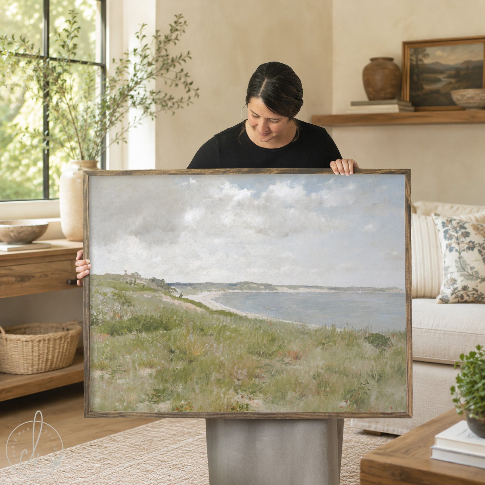 Framed coastal art canvas print in gold wood frame showing an American Impressionist beach landscape with dunes and bay