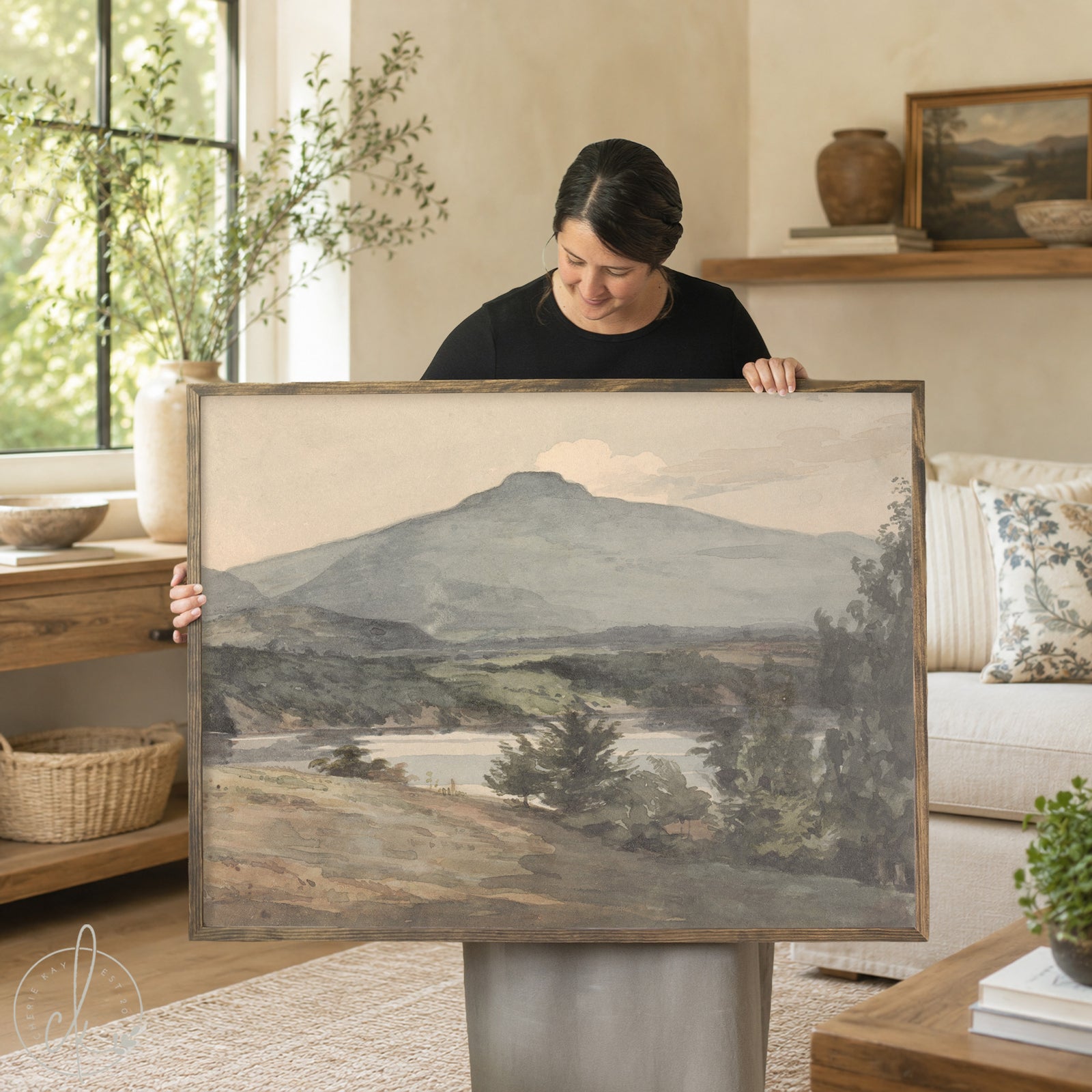 Framed vintage mountain art with soft neutral landscape for living room or bedroom wall decor.