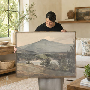 Framed vintage mountain art with soft neutral landscape for living room or bedroom wall decor.