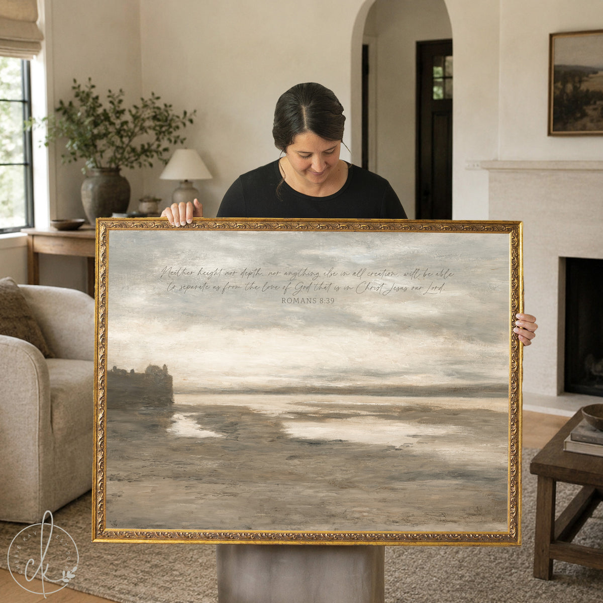 Christian Home Decor | Romans 8:39 Coastal Wall Art | Vintage Gold Framed | N37