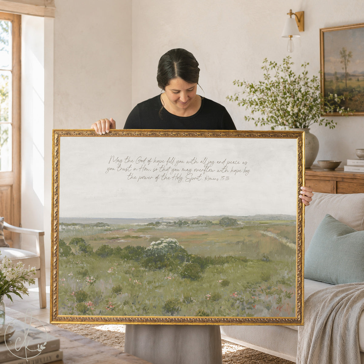 Large framed landscape with Romans 15:13 scripture — Bible verse wall decor in gold frame.