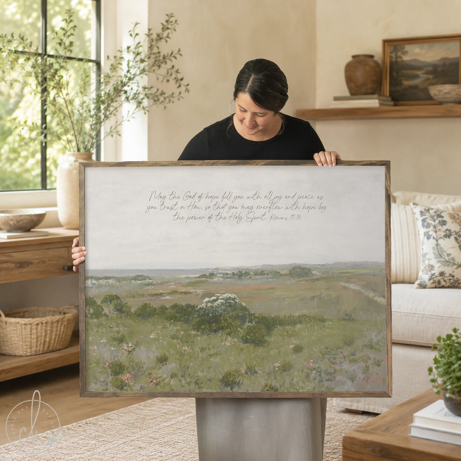 Scripture wall decor with Romans 15:13 verse on framed meadow landscape canvas.