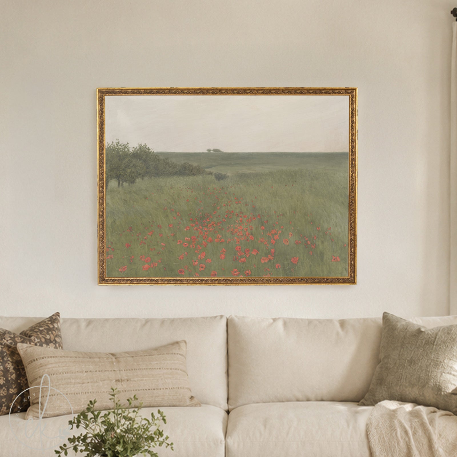 Large framed poppy field painting with gold frame and green meadow landscape wall art.