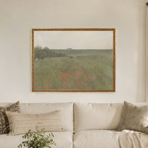 Large framed poppy field painting with gold frame and green meadow landscape wall art.