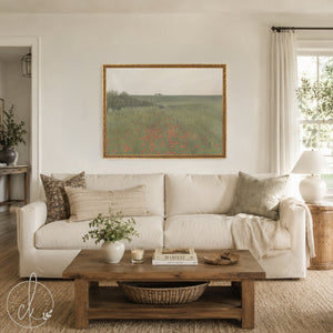 Poppy Field Painting | Large Framed Vintage Landscape Wall Art | N39
