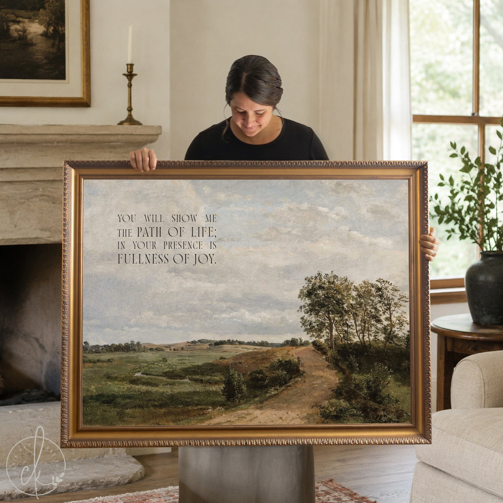 Pastoral landscape art with Psalm 16:11 verse, vintage countryside scene with path and trees in ornate gold frame.