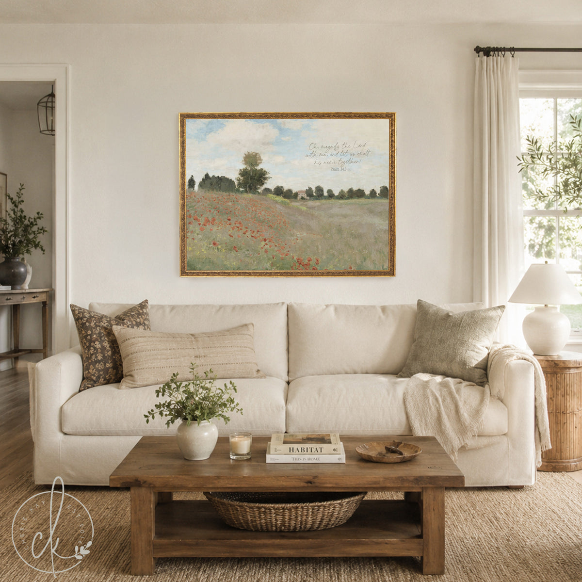 Framed Christian Art | Monet Poppy Field Canvas Print with Psalm 34:3 Scripture | N58