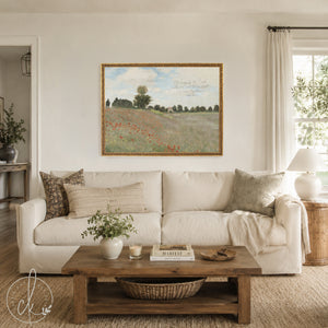 Framed Christian Art | Monet Poppy Field Canvas Print with Psalm 34:3 Scripture | N58