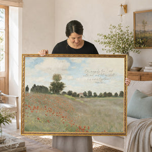 Framed christian art featuring Claude Monet's poppy field painting with Psalm 34:3 verse in an ornate gold frame.