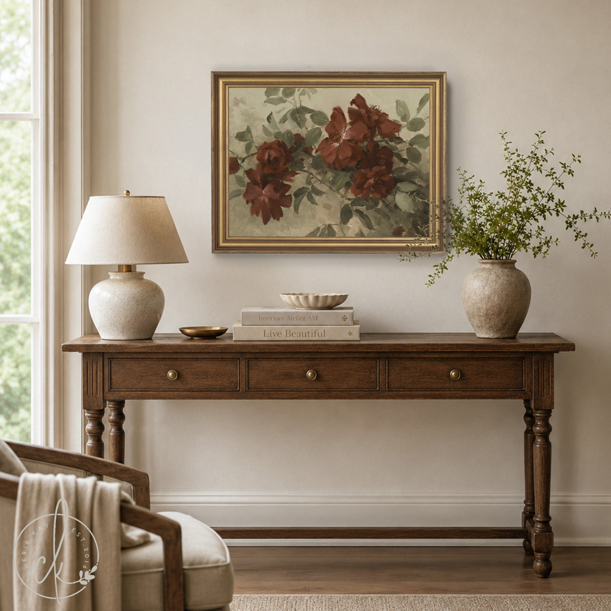 Burgundy Wall Art | Vintage Floral Still Life | Antique Gold Framed Canvas Print | N59