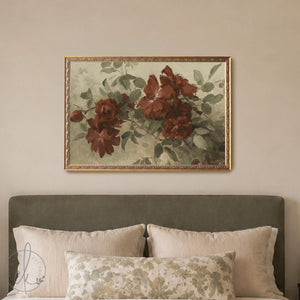 Burgundy wall art featuring large roses in deep red and sage green in an ornate antique gold framed canvas