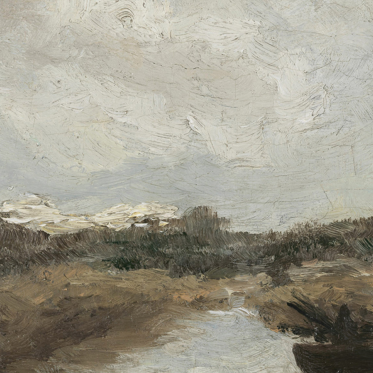 Large Oil Painting With Frame | Neutral Cloud & River Landscape | N60