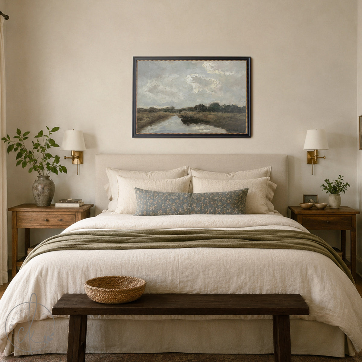 Large Oil Painting With Frame | Neutral Cloud & River Landscape | N60