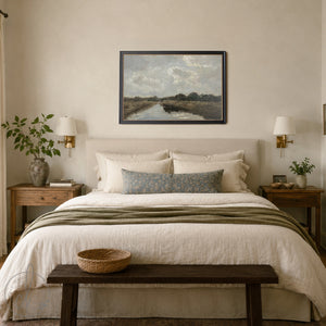 Large Oil Painting With Frame | Neutral Cloud & River Landscape | N60