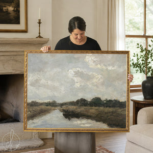 Large Oil Painting With Frame | Neutral Cloud & River Landscape | N60