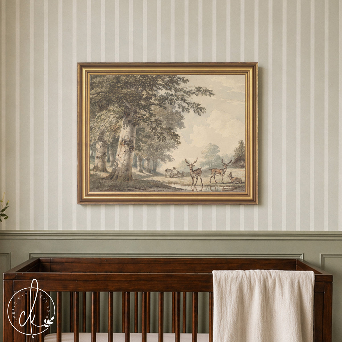 Vintage Deer Artwork | Woodland Nursery Wall Decor Above Crib | Gold Framed Canvas Print for Baby Boy Room | N63