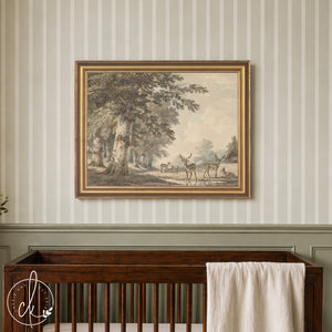 Vintage Deer Artwork | Woodland Nursery Wall Decor Above Crib | Gold Framed Canvas Print for Baby Boy Room | N63