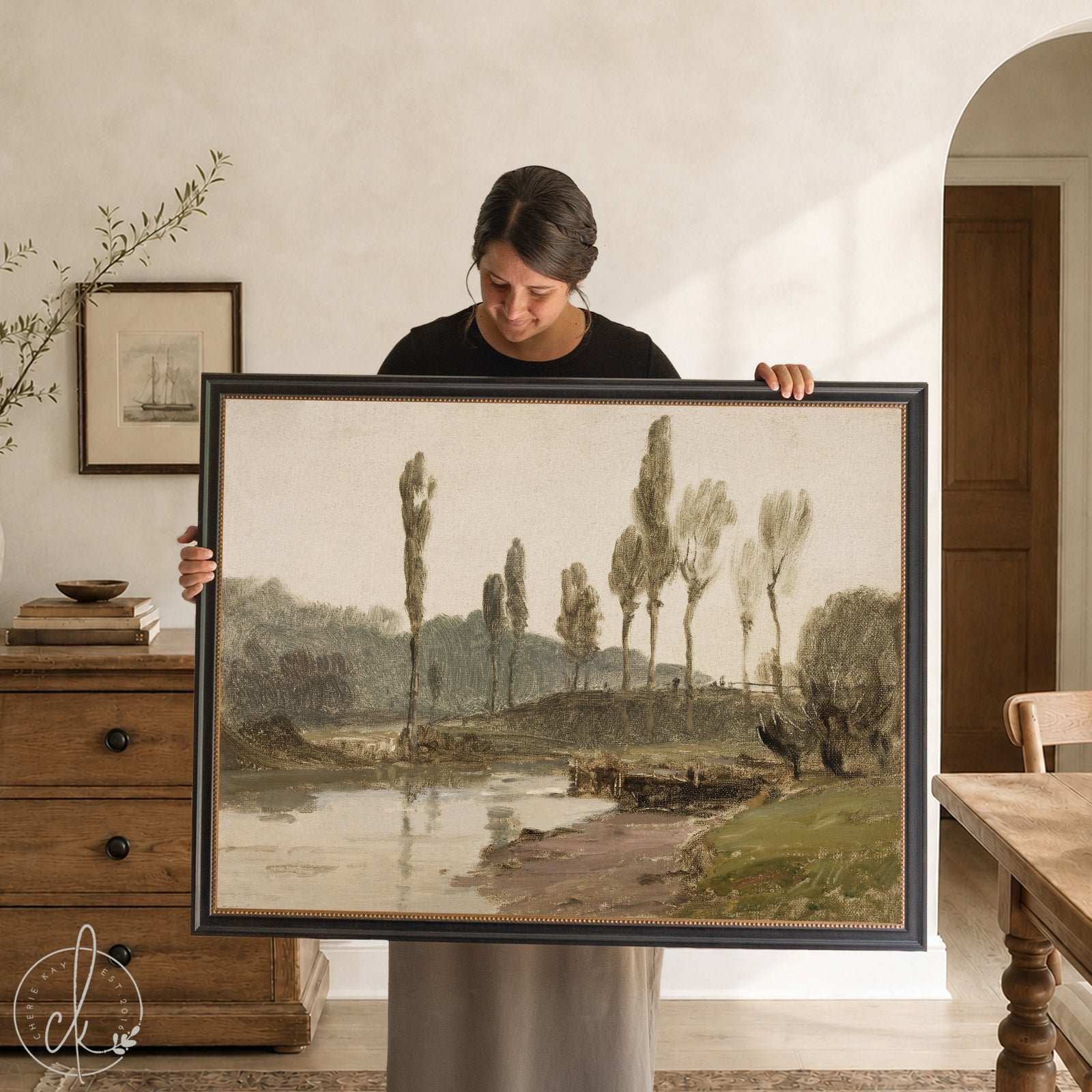 Framed wall art living room, ornate gold frame with vintage river landscape, tall trees and water