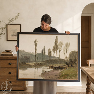 Framed wall art living room, ornate gold frame with vintage river landscape, tall trees and water