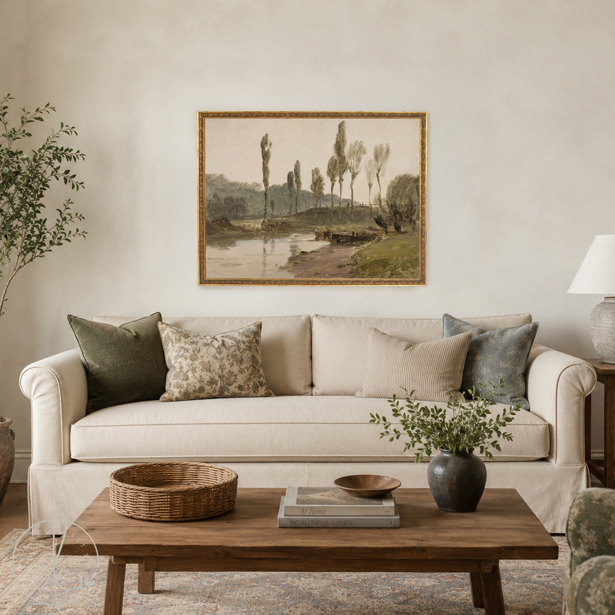Framed Wall Art Living Room | Vintage River Landscape in Ornate Gold Frame | Large Antique Wall Decor | N66