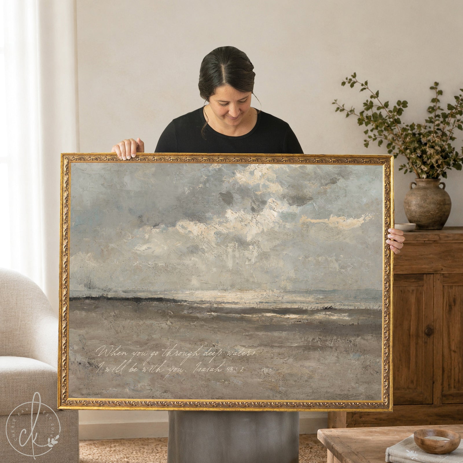 Framed coastal Bible verse wall art with Isaiah 43:2 ocean painting in neutral tones.