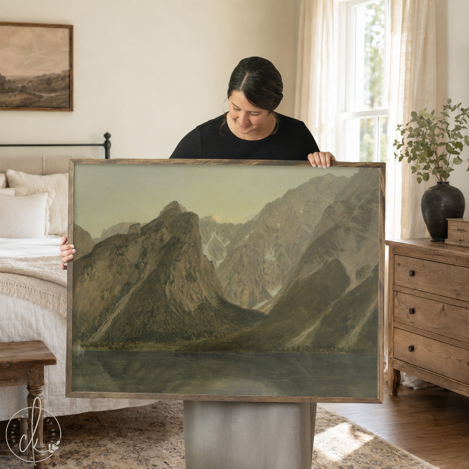 Vintage mountain landscape art with earth tones in black frame, perfect for living room or bedroom wall decor