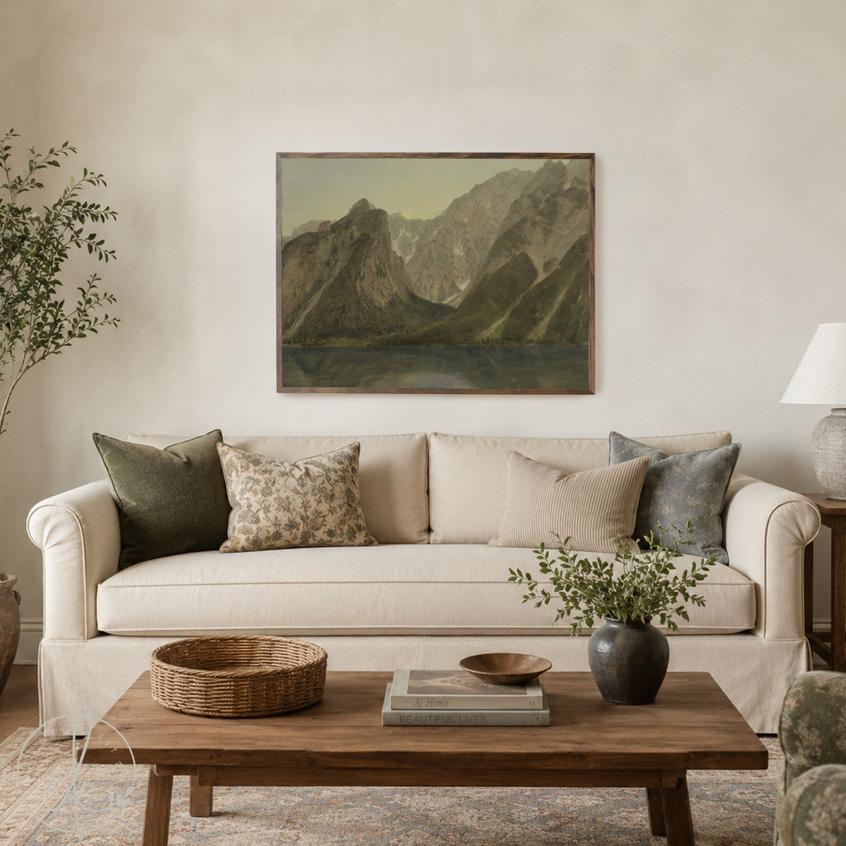 Mountain Landscape Wall Art | Framed Canvas Print | Lake Scene Vintage Art | N70