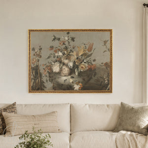 Large floral wall art canvas in vintage oil painting style with peonies and tulips in ornate gold frame.