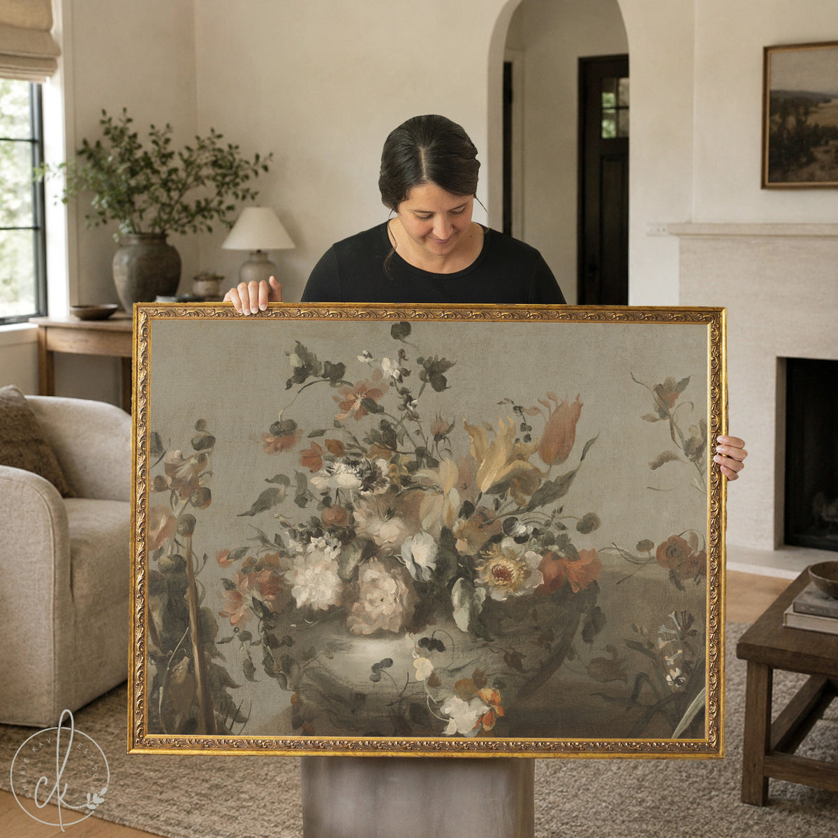 Large floral wall art canvas in vintage oil painting style with peonies and tulips in ornate gold frame.