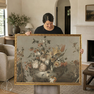 Large floral wall art canvas in vintage oil painting style with peonies and tulips in ornate gold frame.