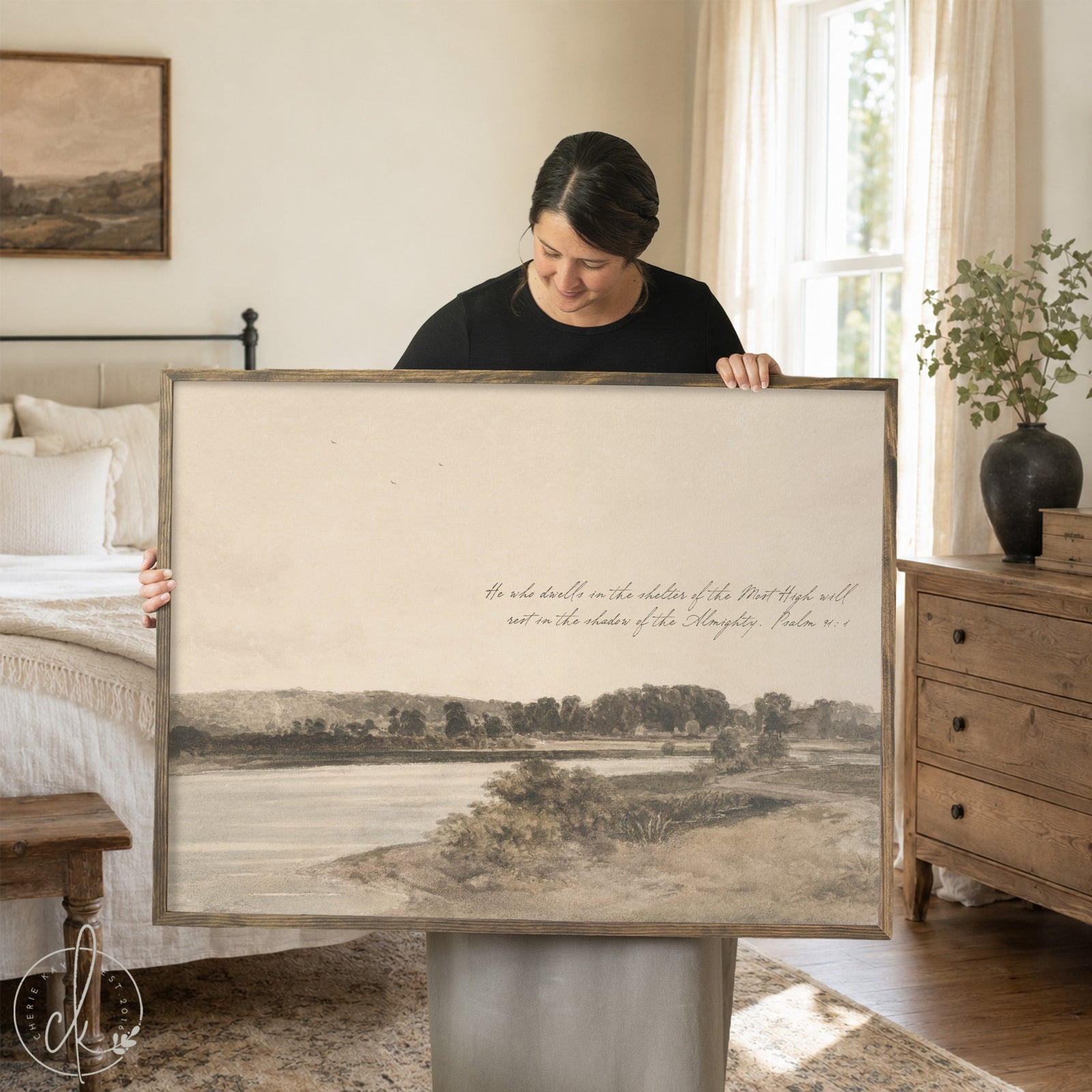 Framed canvas print of a sepia riverside landscape with Psalm 91:1 verse; handcrafted Christian artwork wall decor.