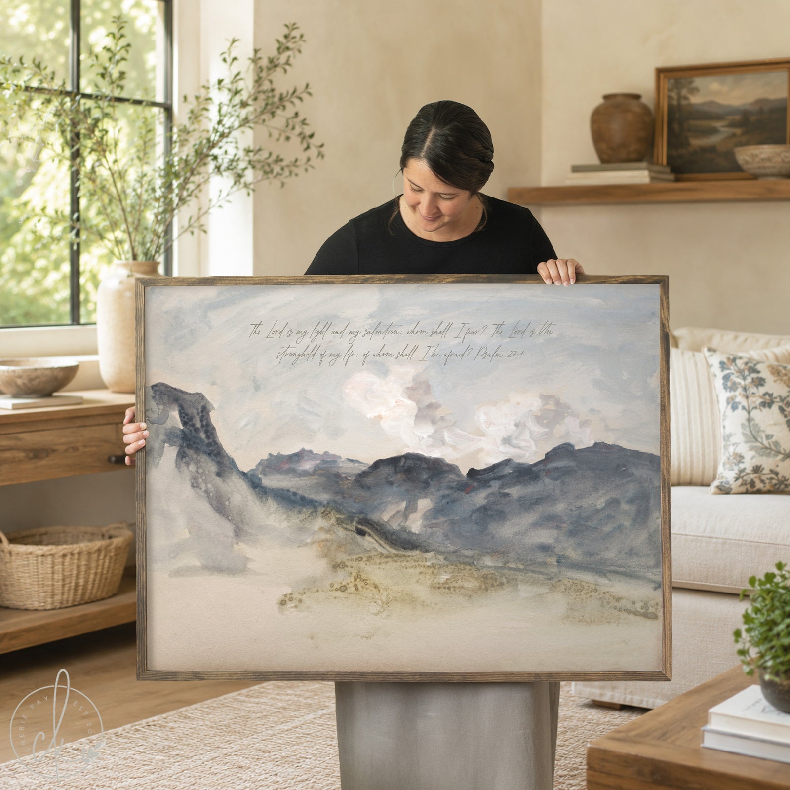 Handcrafted framed canvas print with Psalm 27:1 over muted mountain watercolor; inspirational Christian home decor wall art.