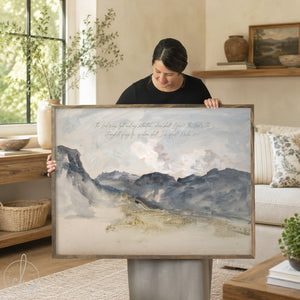 Handcrafted framed canvas print with Psalm 27:1 over muted mountain watercolor; inspirational Christian home decor wall art.