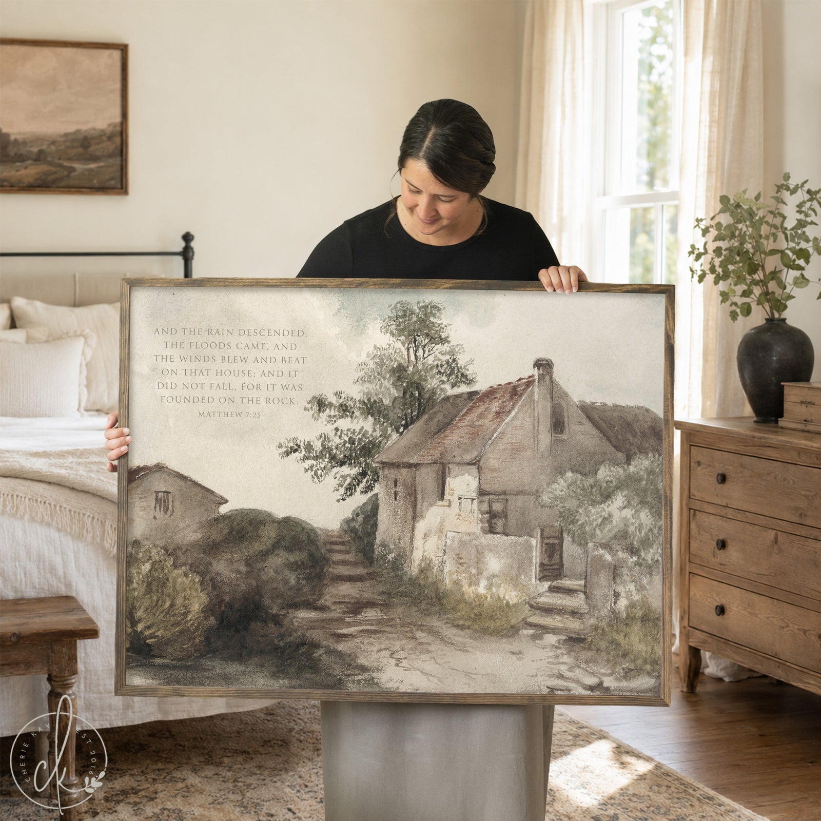 Christian Wall Art Matthew 7:25 | Vintage Cottage Painting | Founded on the Rock Scripture | Large Canvas Art | Living Room Decor | N79