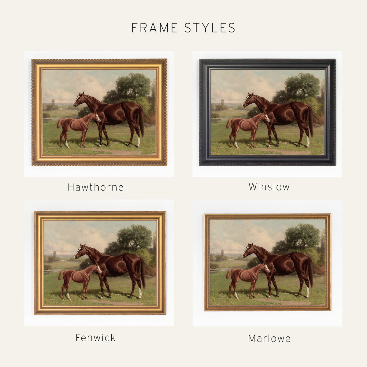 Framed Horse Wall Art | Large Nursery Animal Prints | Vintage Horse Art | N82