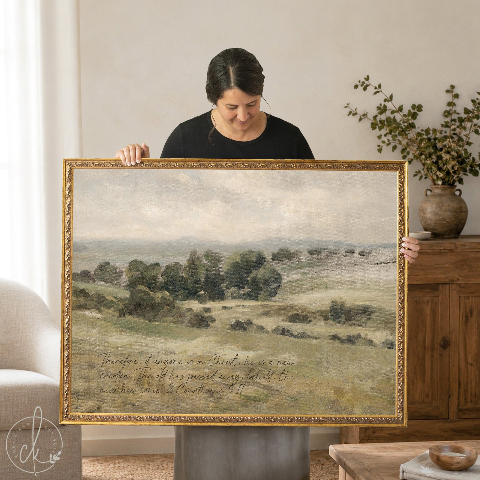 Christian wall decor featuring vintage landscape painting with 2 Corinthians 5:17 verse in muted earth tones