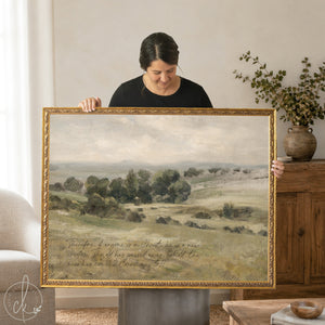 Christian wall decor featuring vintage landscape painting with 2 Corinthians 5:17 verse in muted earth tones