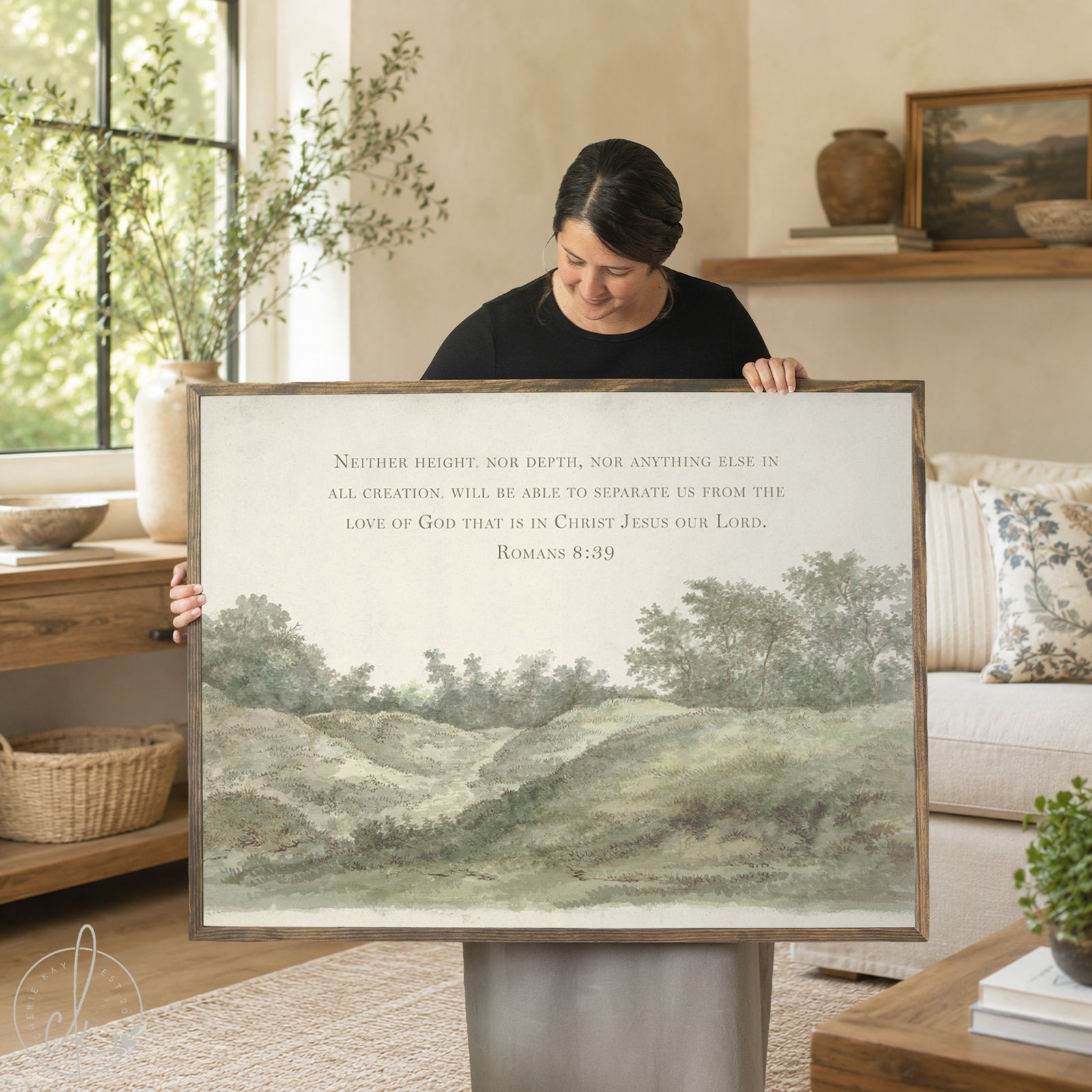 Framed Romans 8:39 scripture wall art with peaceful landscape featuring rolling hills and trees in neutral tones, perfect for Christian home decor