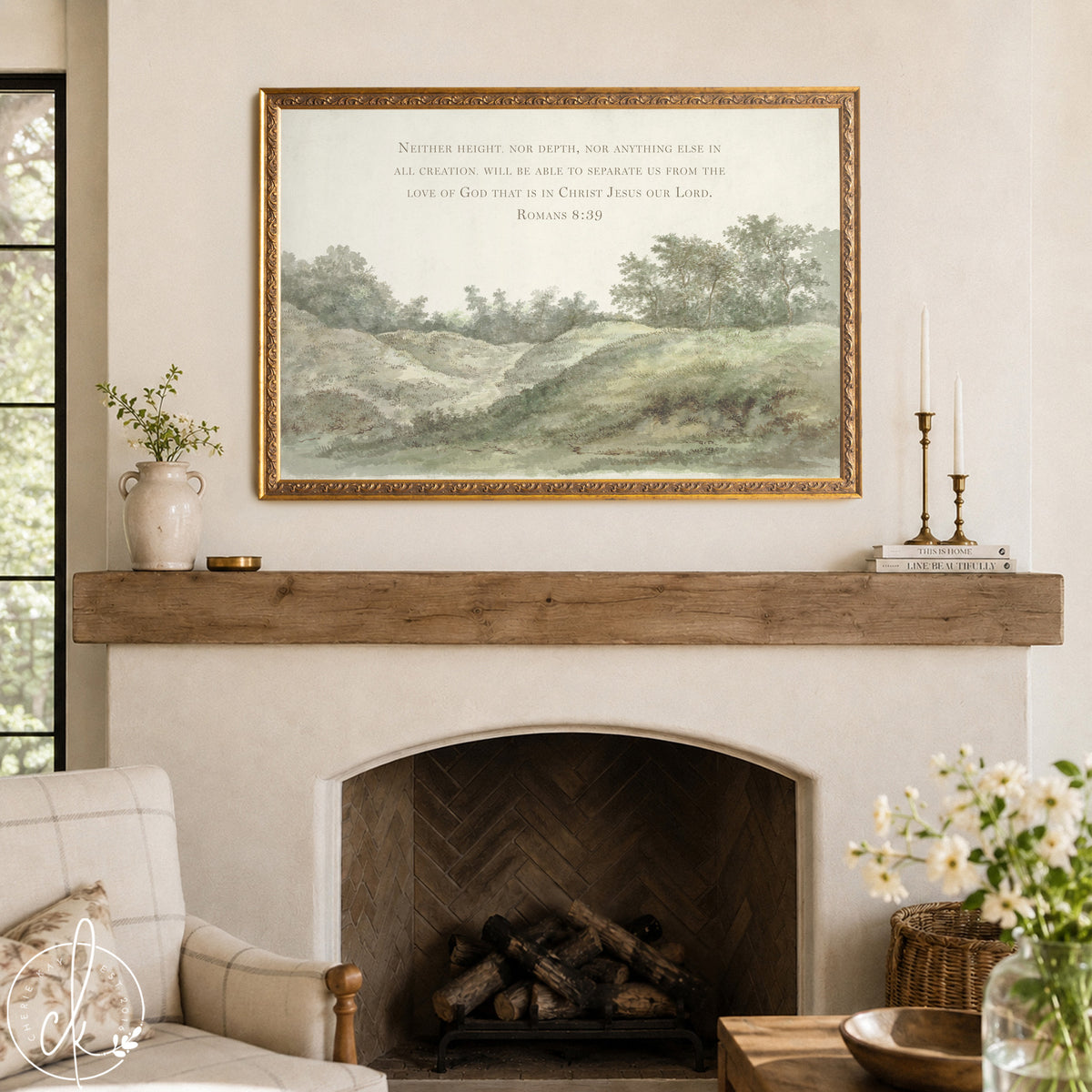 Framed vintage landscape art with Romans 8:39 Bible verse, featuring a peaceful green hillside and trees, styled  in a neutral-toned living space. Christian wall decor for entryway or living room.