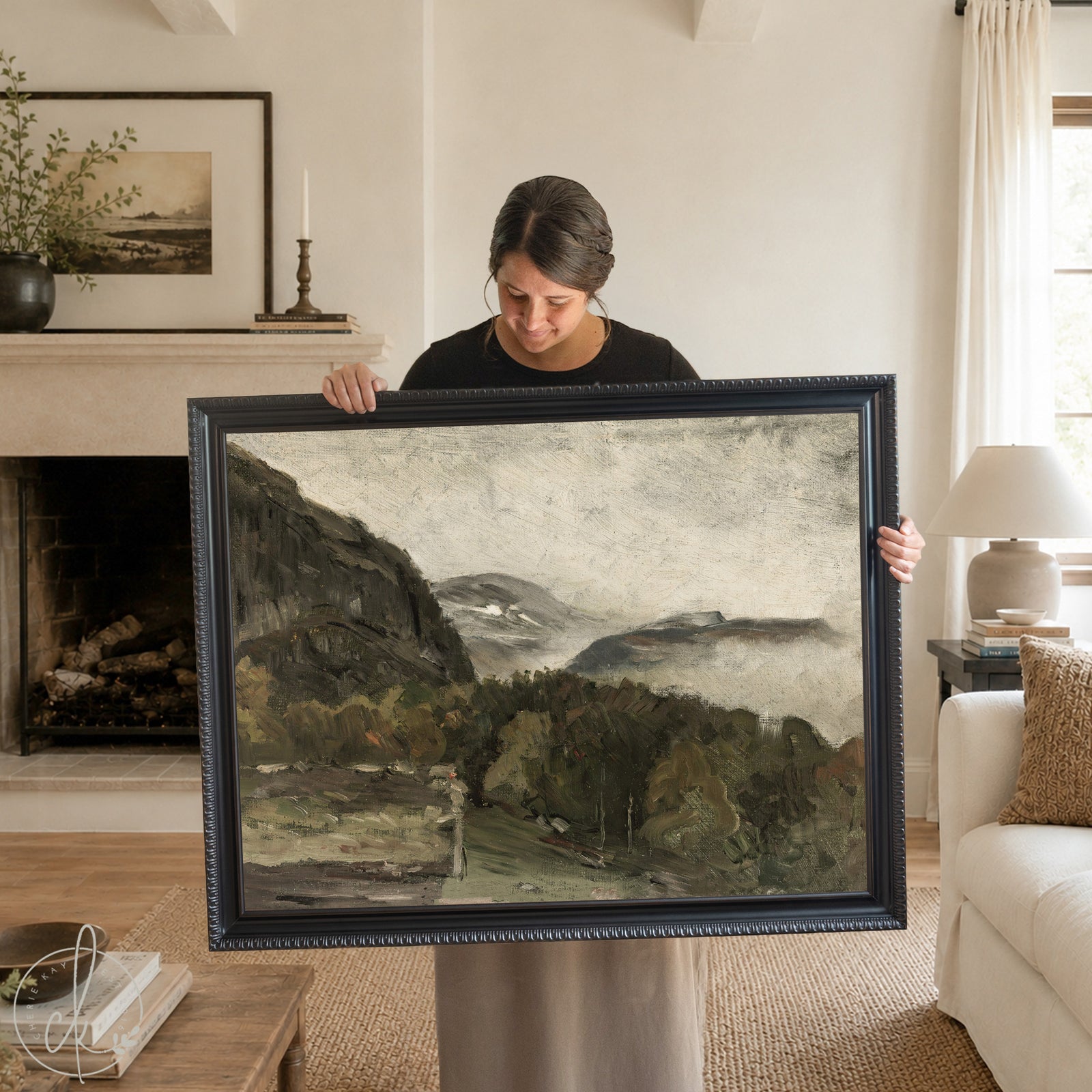 Framed mountain landscape painting with vintage style for living room or entryway wall decor