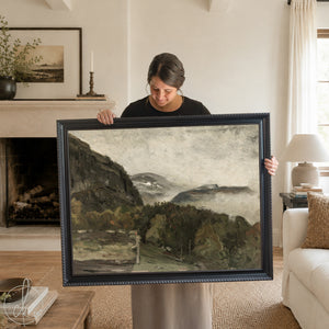 Framed mountain landscape painting with vintage style for living room or entryway wall decor
