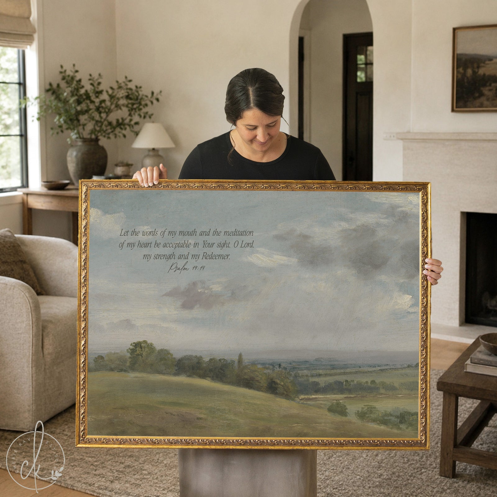 Framed landscape wall art with Psalm 19:14 Bible verse over a countryside scene.
